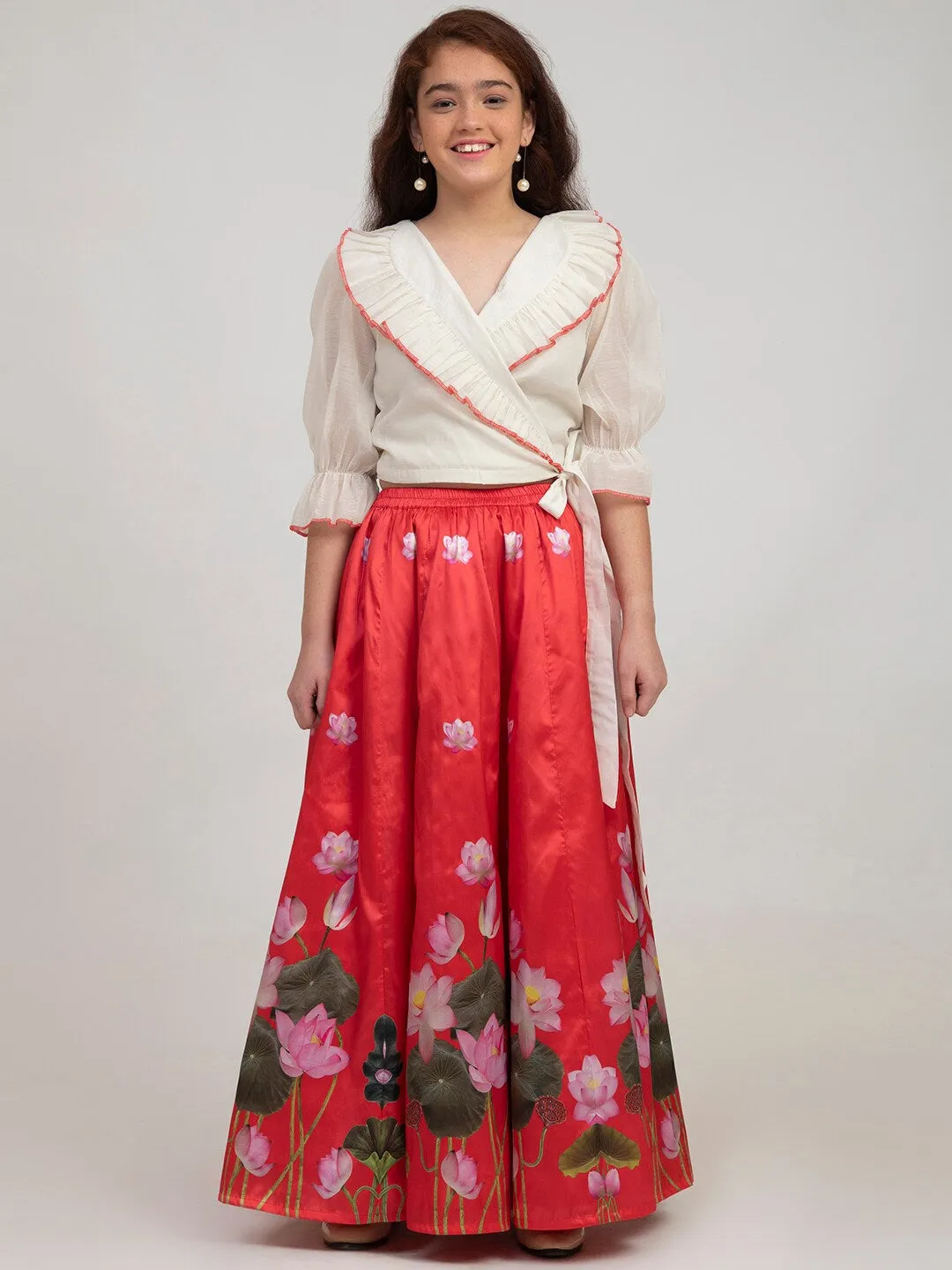 Girls Red & Off White Ready To Wear Lehenga Choli