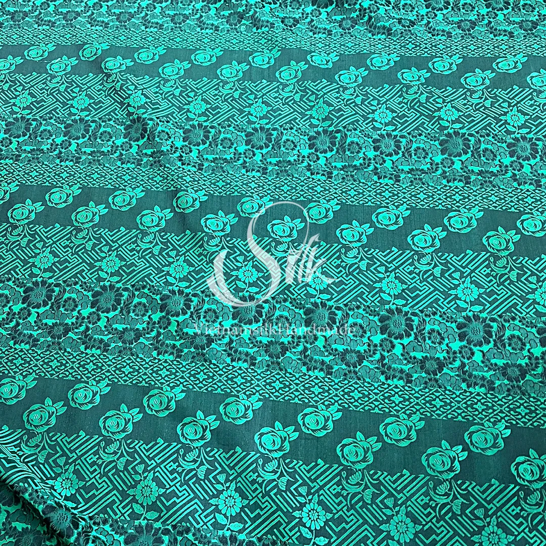 Green Silk with Mixed Flowers - PURE MULBERRY SILK fabric by the yard -  Floral Silk -Luxury Silk - Natural silk - Handmade in VietNam- Silk with Design