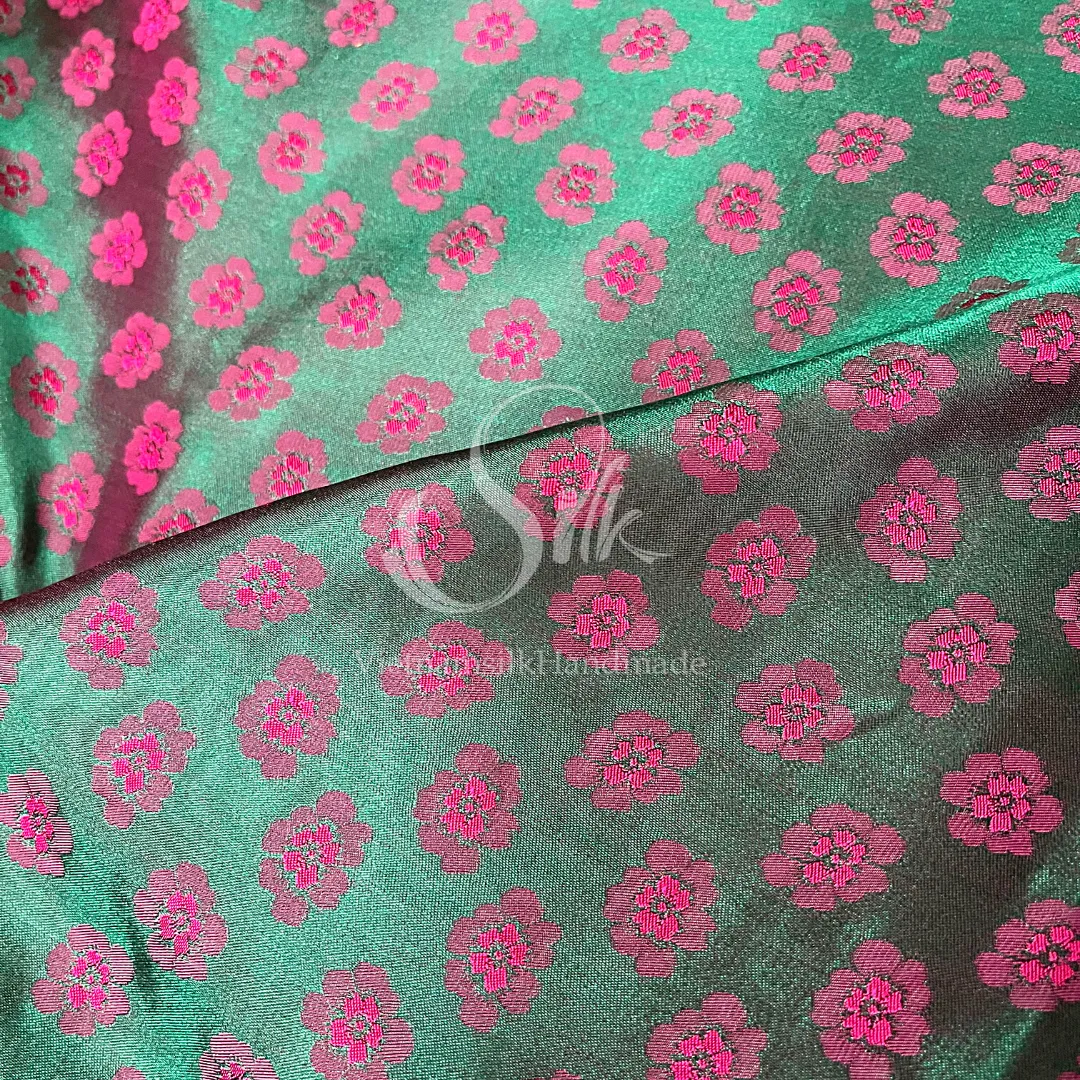 Green Silk with Peach flowers Pattern - PURE MULBERRY SILK fabric by the yard -  Floral Silk -Luxury Silk - Natural silk - Handmade in VietNam