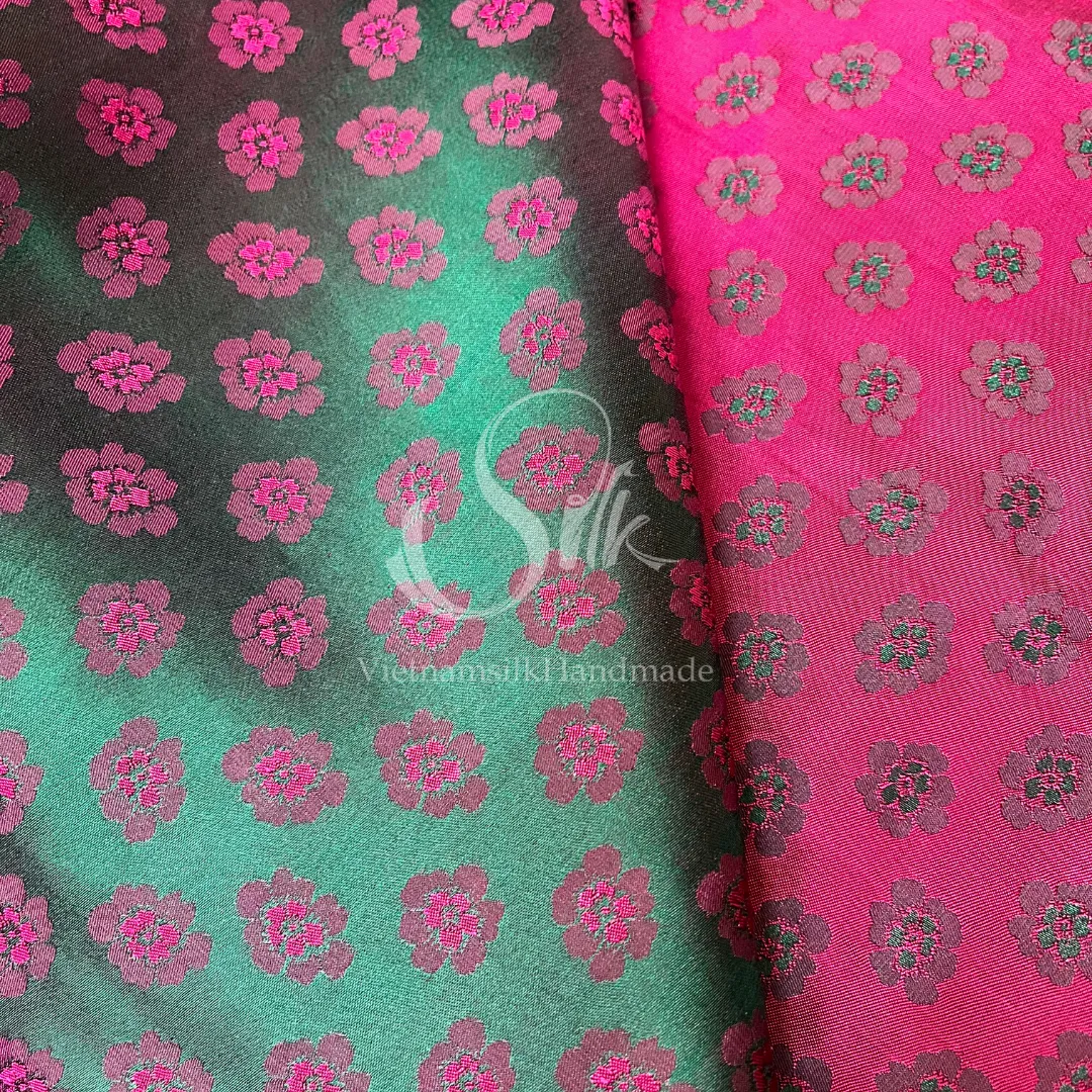 Green Silk with Peach flowers Pattern - PURE MULBERRY SILK fabric by the yard -  Floral Silk -Luxury Silk - Natural silk - Handmade in VietNam