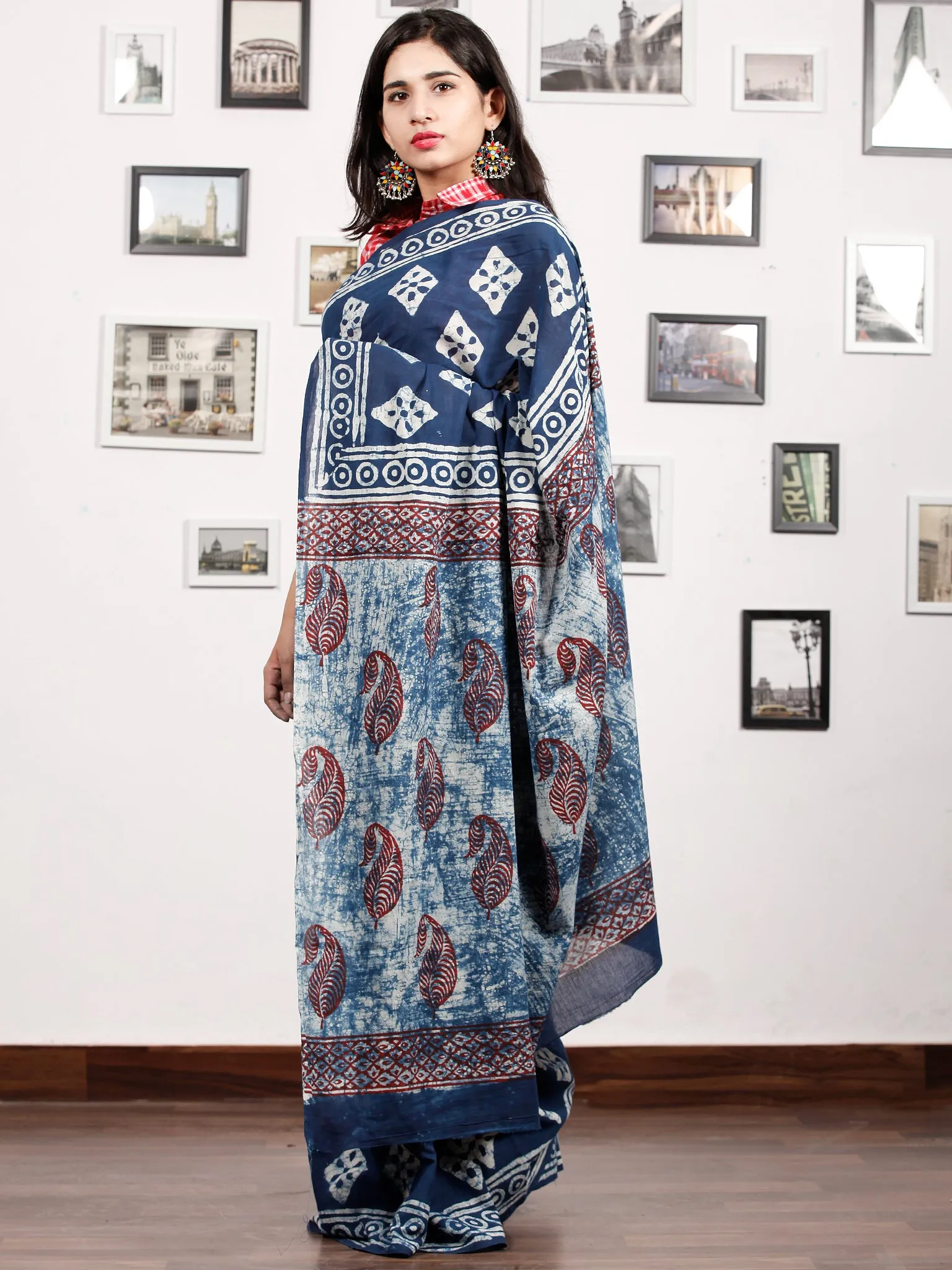 Indigo White Maroon Hand Block Printed Cotton Mul Saree in Natural Colors - S031703178