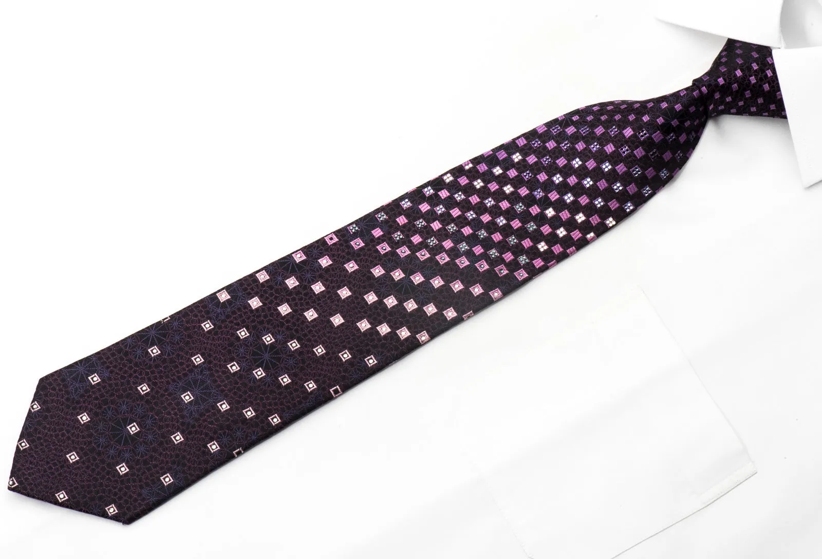 Metro City Men's Silk Necktie Checkered On Purple Sparkling With Crystal Rhinetones
