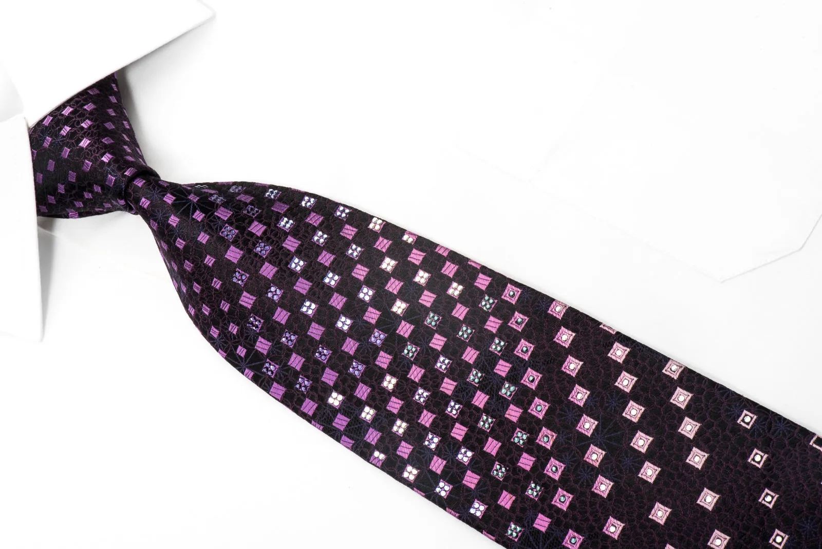 Metro City Men's Silk Necktie Checkered On Purple Sparkling With Crystal Rhinetones