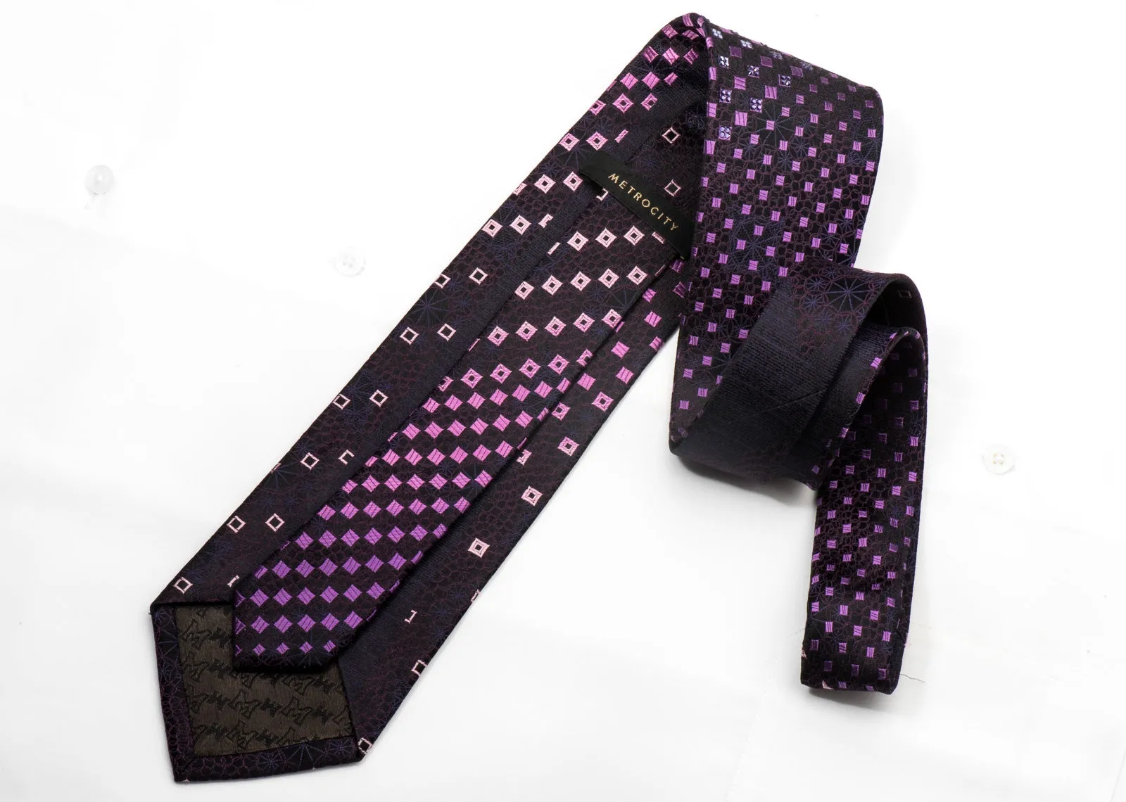 Metro City Men's Silk Necktie Checkered On Purple Sparkling With Crystal Rhinetones