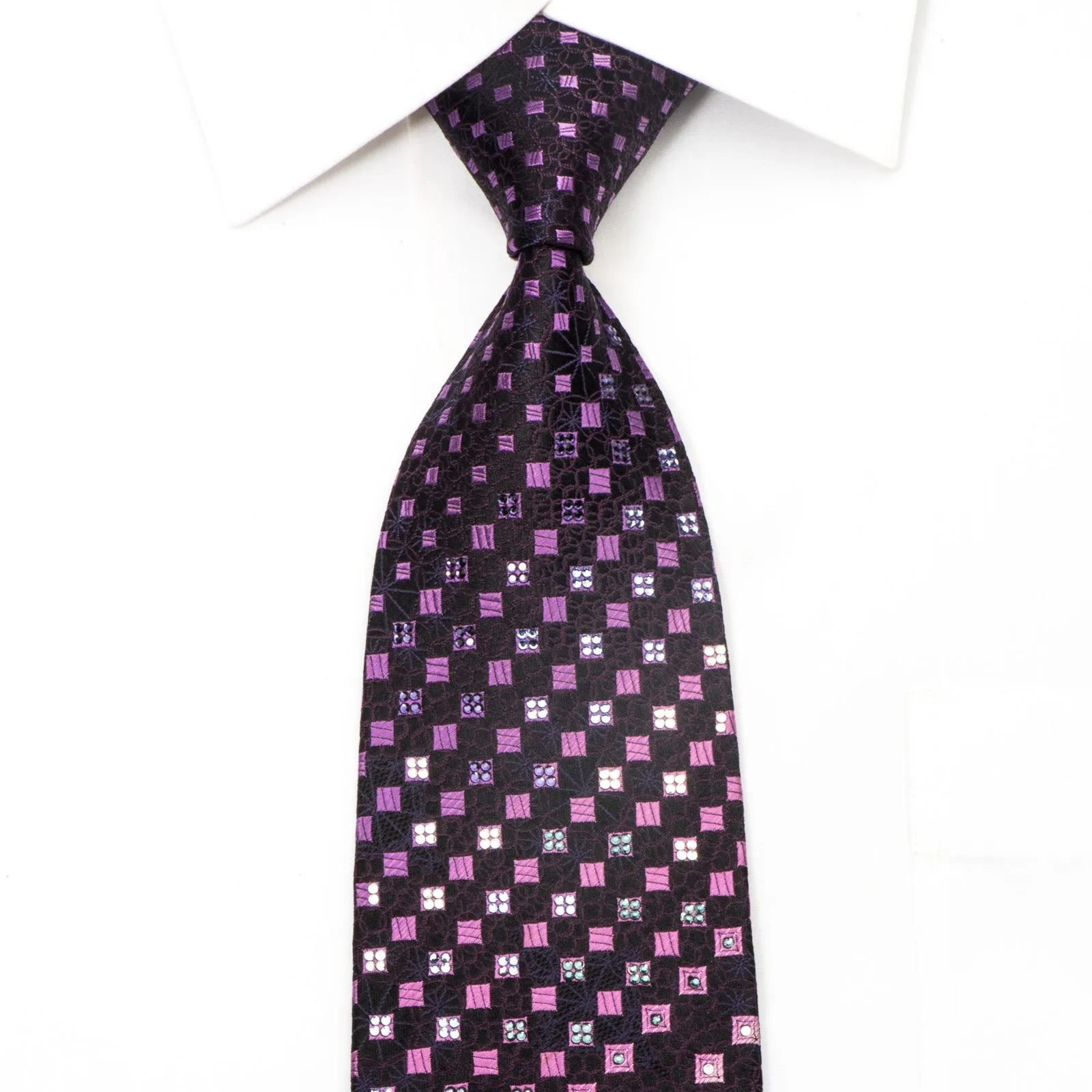Metro City Men's Silk Necktie Checkered On Purple Sparkling With Crystal Rhinetones