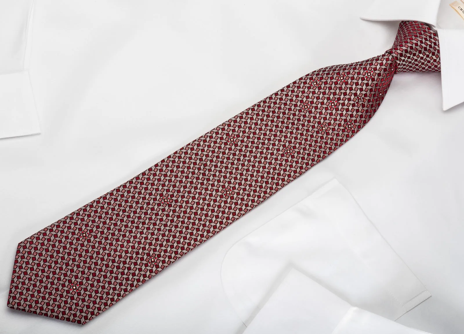 Metro City Rhinestone Silk Necktie Silver Trellis On Burgundy With Silver Sparkles
