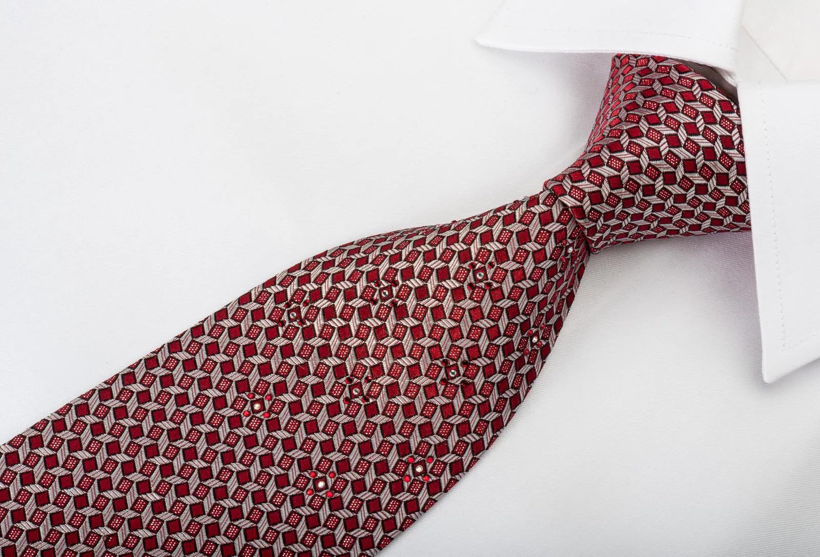 Metro City Rhinestone Silk Necktie Silver Trellis On Burgundy With Silver Sparkles