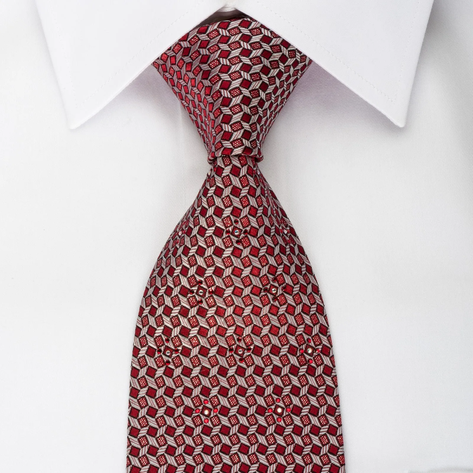 Metro City Rhinestone Silk Necktie Silver Trellis On Burgundy With Silver Sparkles