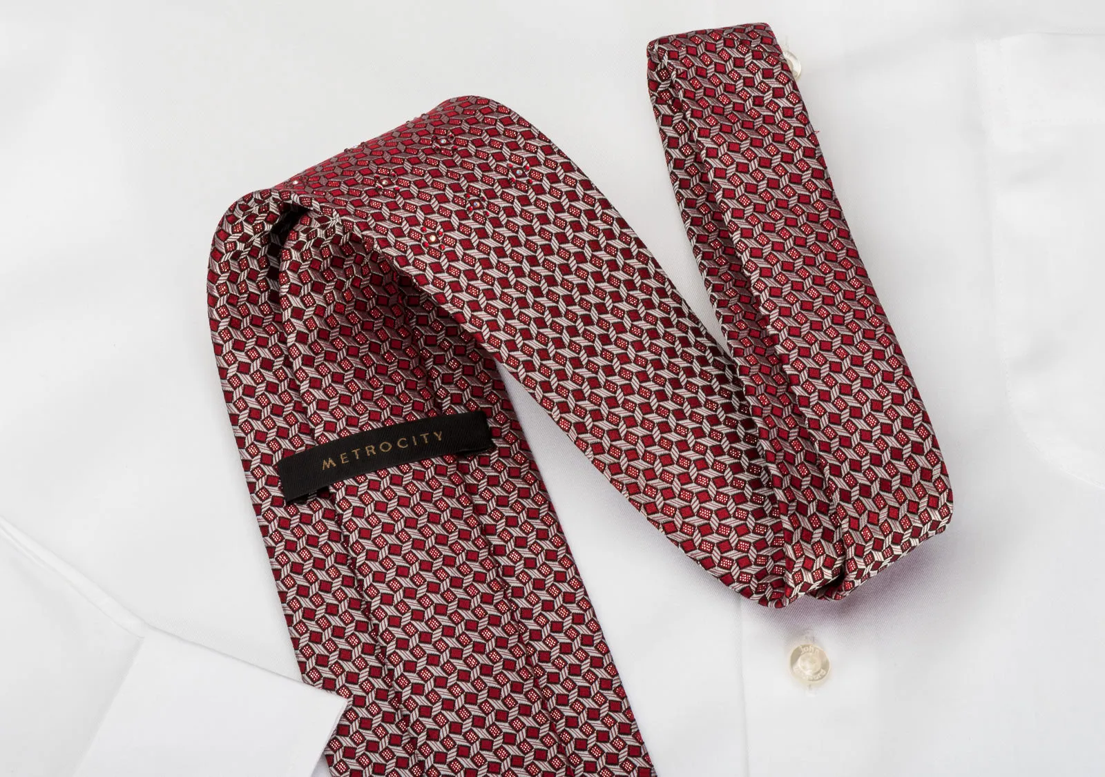 Metro City Rhinestone Silk Necktie Silver Trellis On Burgundy With Silver Sparkles
