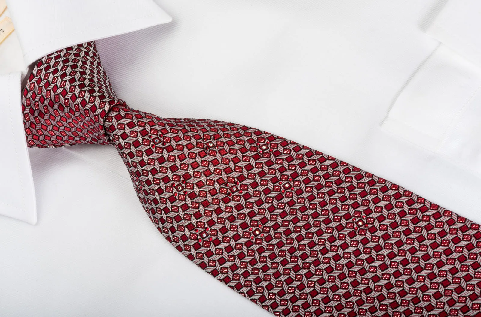 Metro City Rhinestone Silk Necktie Silver Trellis On Burgundy With Silver Sparkles