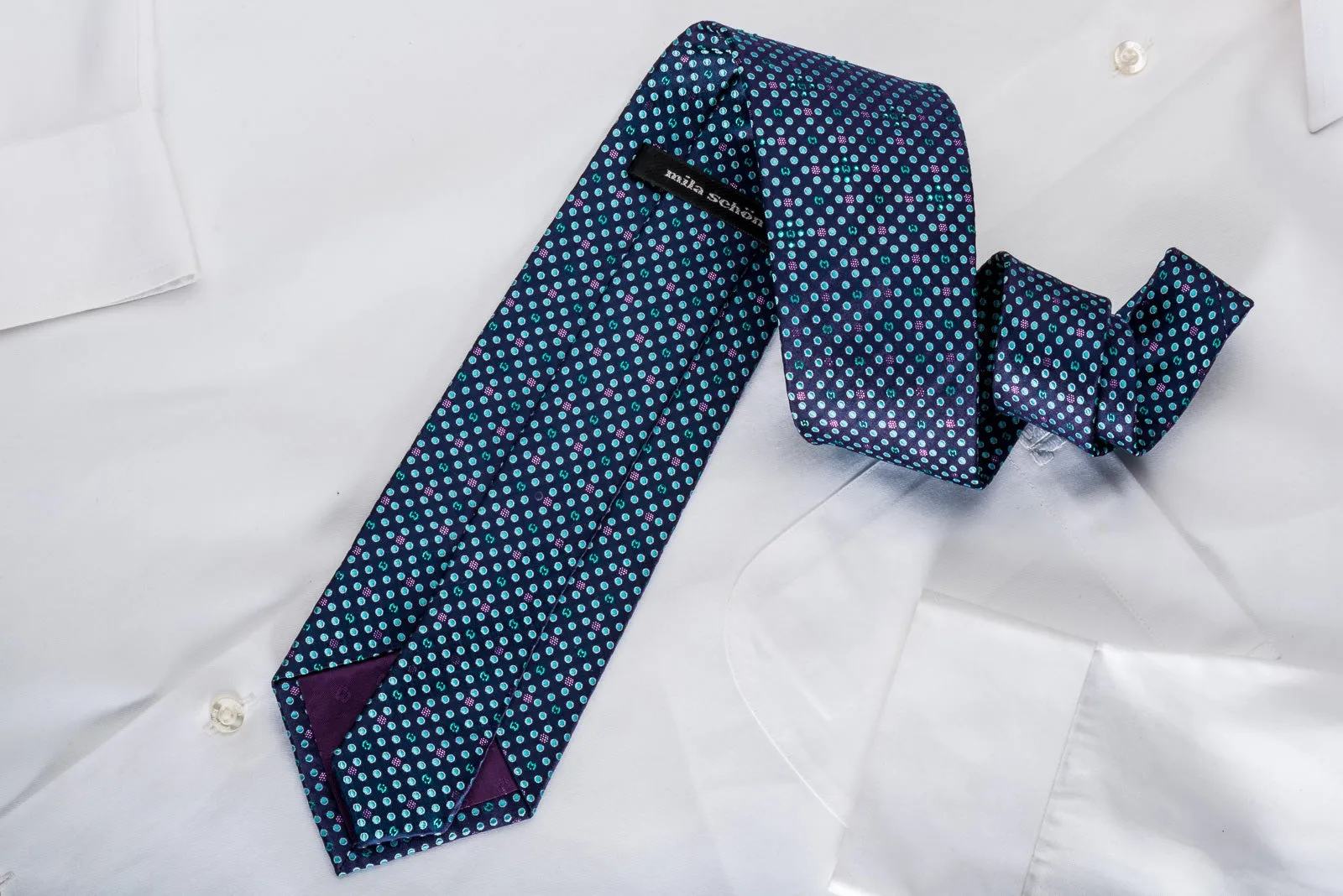 Mila Schon Men's Rhinestone Silk Necktie Teal Dots On Blue With Purple Sparkles
