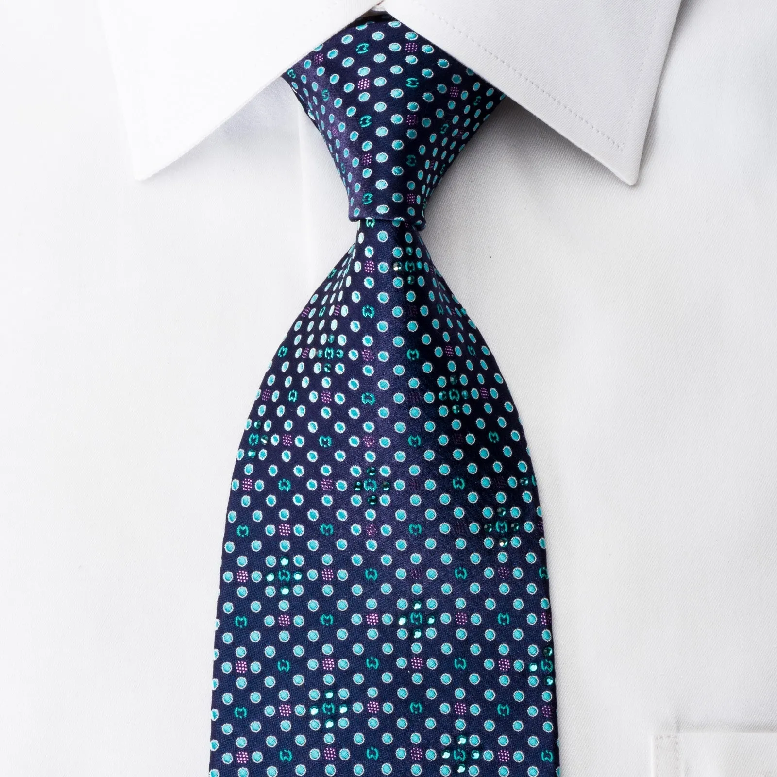 Mila Schon Men's Rhinestone Silk Necktie Teal Dots On Blue With Purple Sparkles
