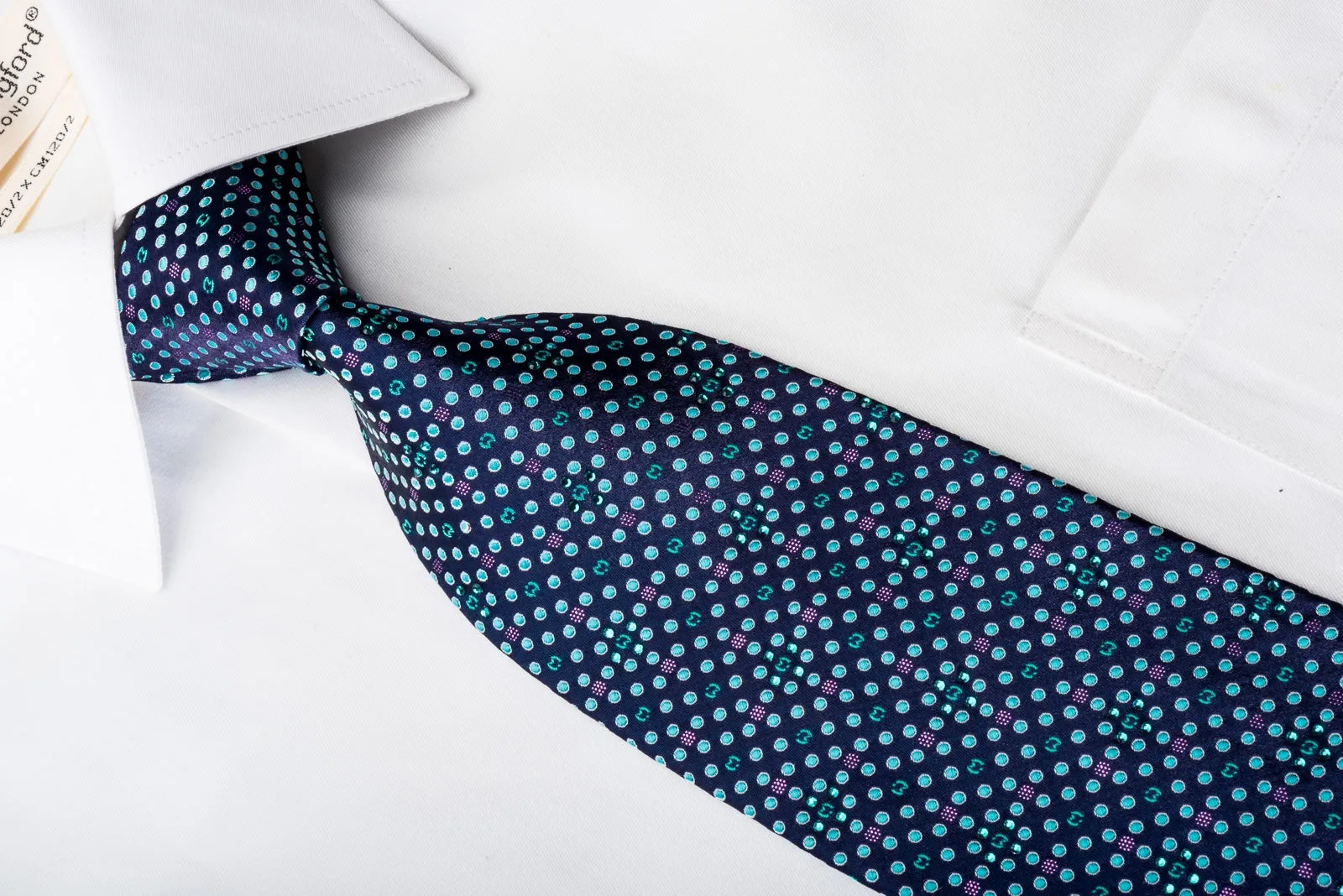 Mila Schon Men's Rhinestone Silk Necktie Teal Dots On Blue With Purple Sparkles