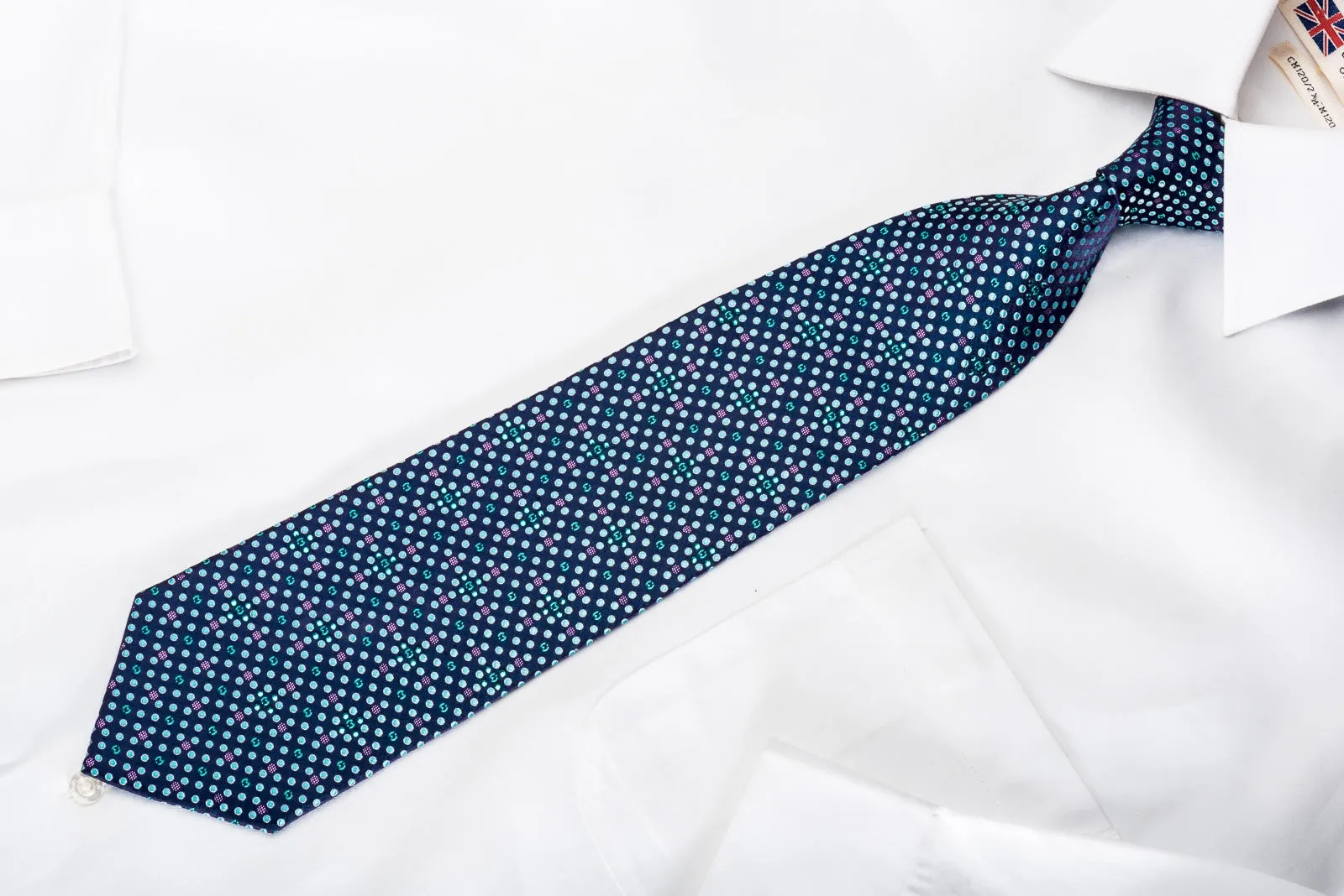 Mila Schon Men's Rhinestone Silk Necktie Teal Dots On Blue With Purple Sparkles