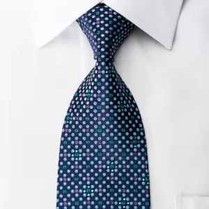 Mila Schon Men's Rhinestone Silk Necktie Teal Dots On Blue With Purple Sparkles