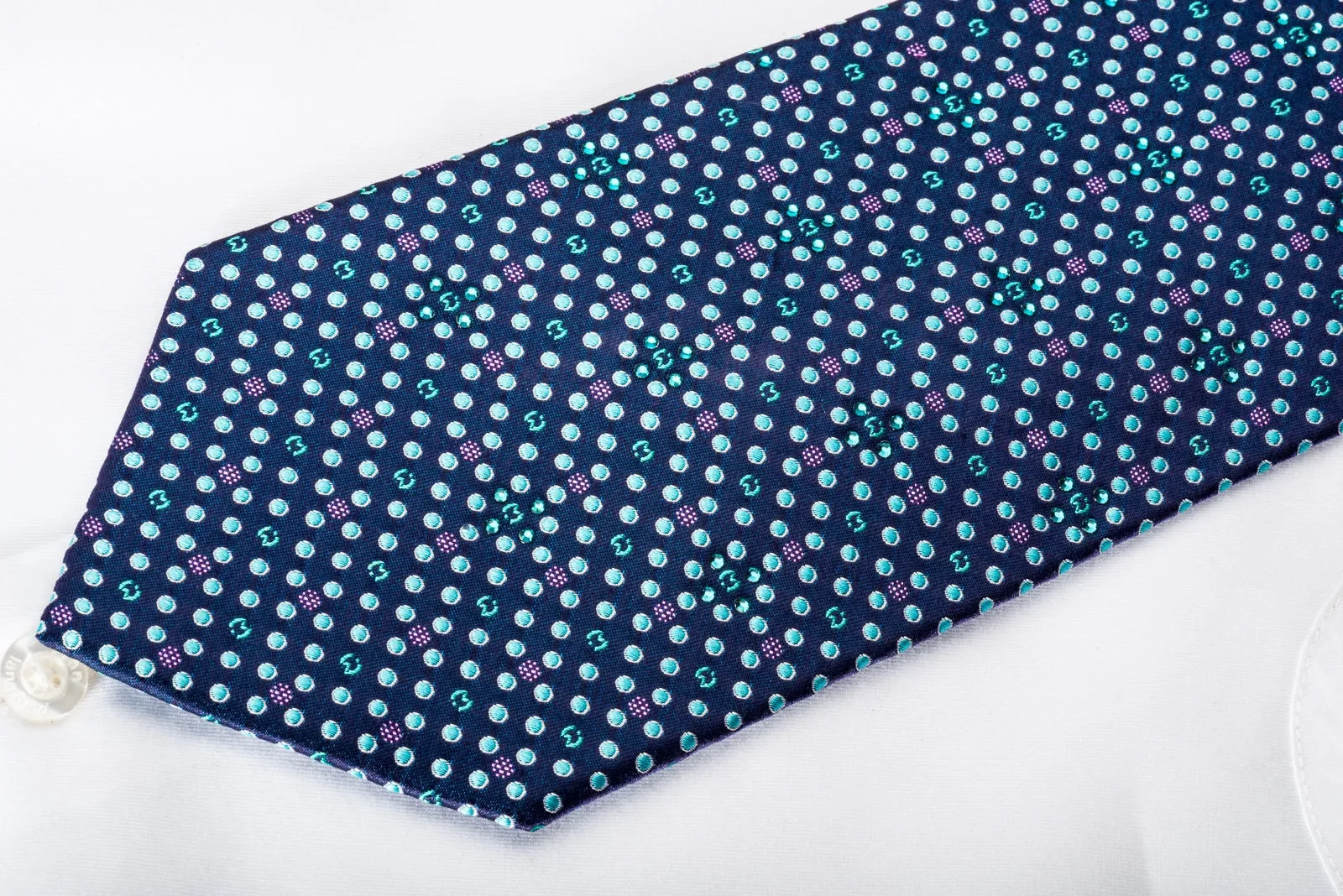 Mila Schon Men's Rhinestone Silk Necktie Teal Dots On Blue With Purple Sparkles