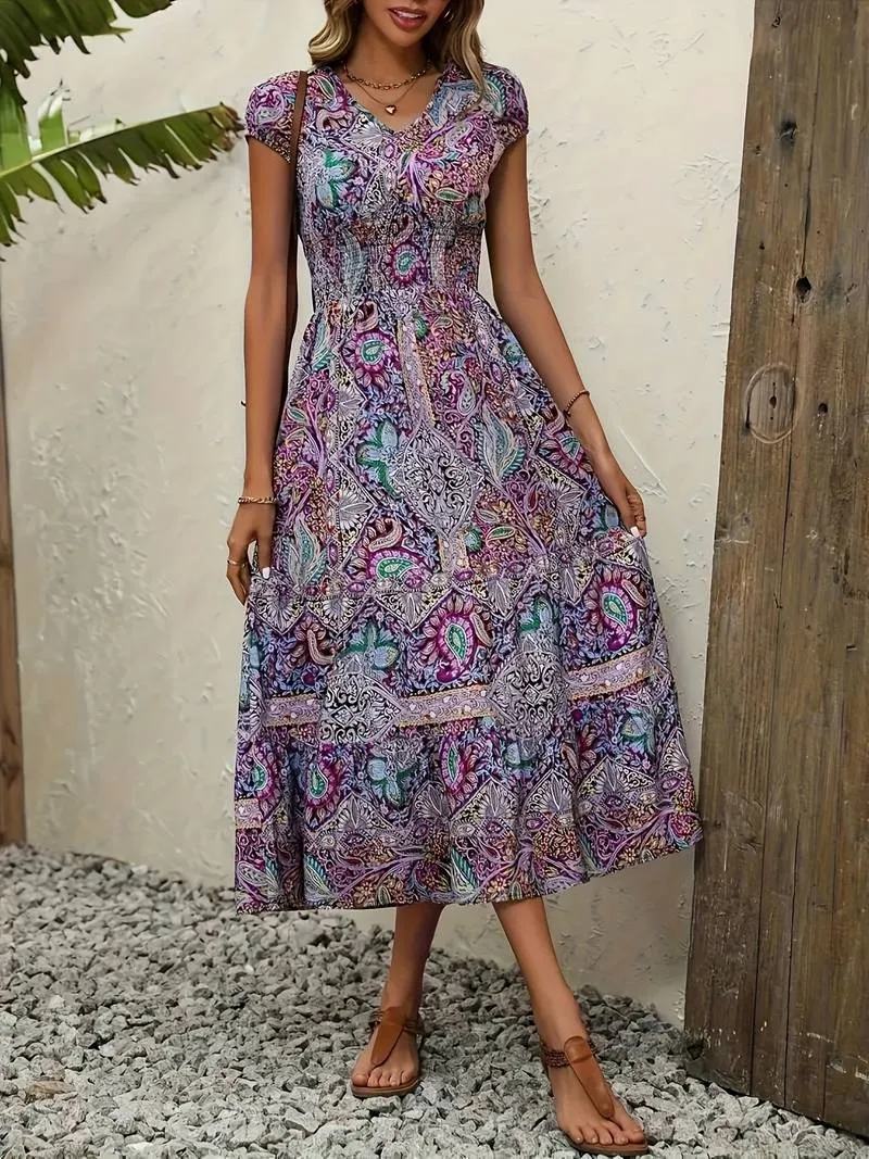 Mireya - Paisley Print V Neck Dress