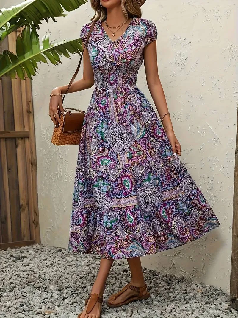 Mireya - Paisley Print V Neck Dress