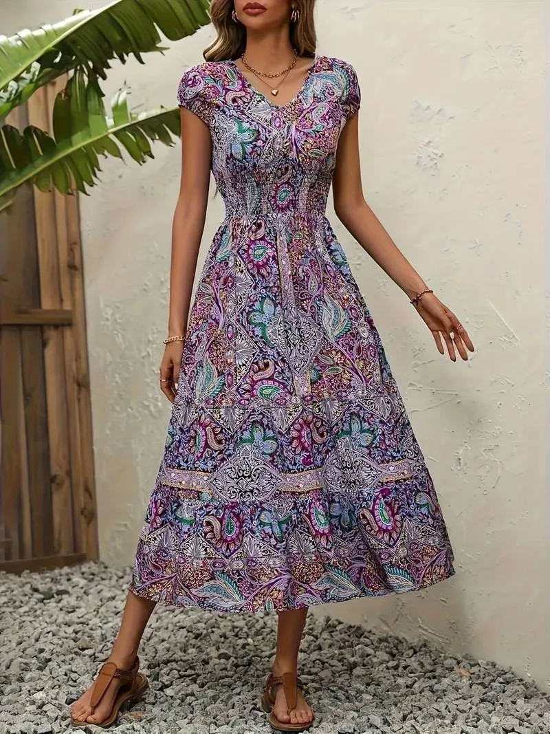 Mireya - Paisley Print V Neck Dress