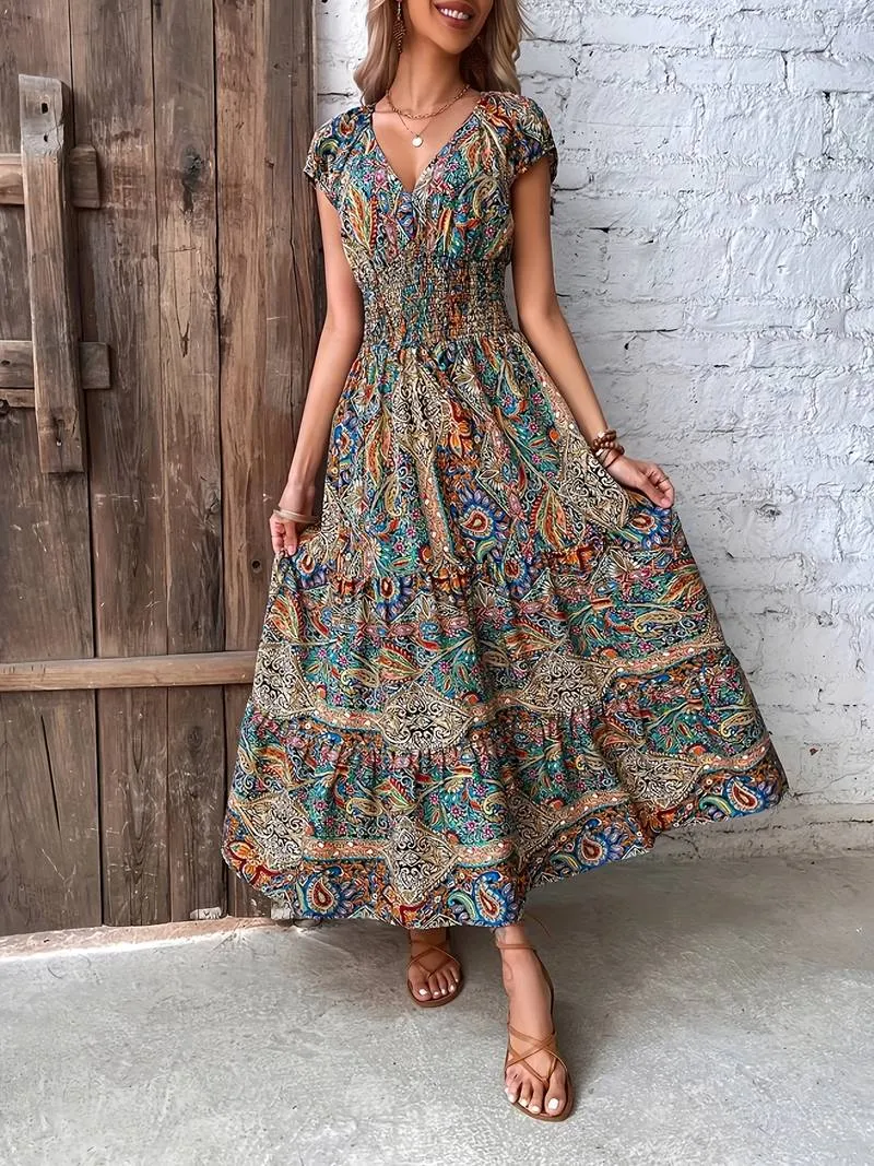 Mireya - Paisley Print V Neck Dress