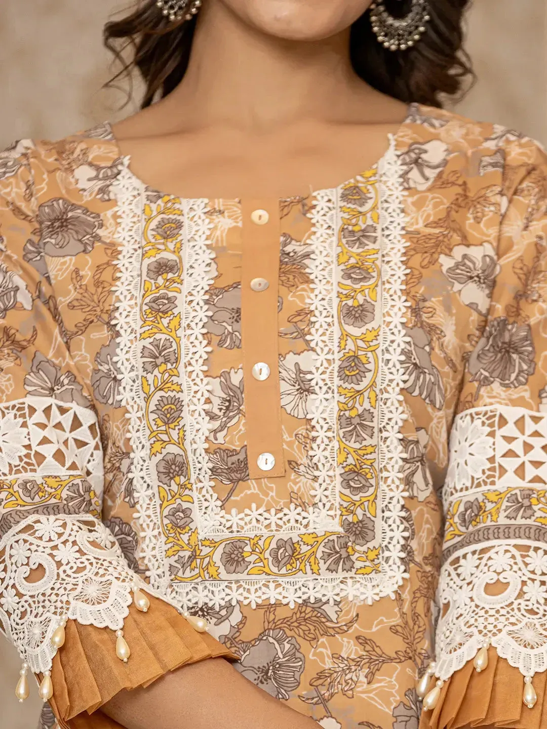 Mustard Floral Print Straight Pakistani Style Kurta Trouser And Dupatta Set