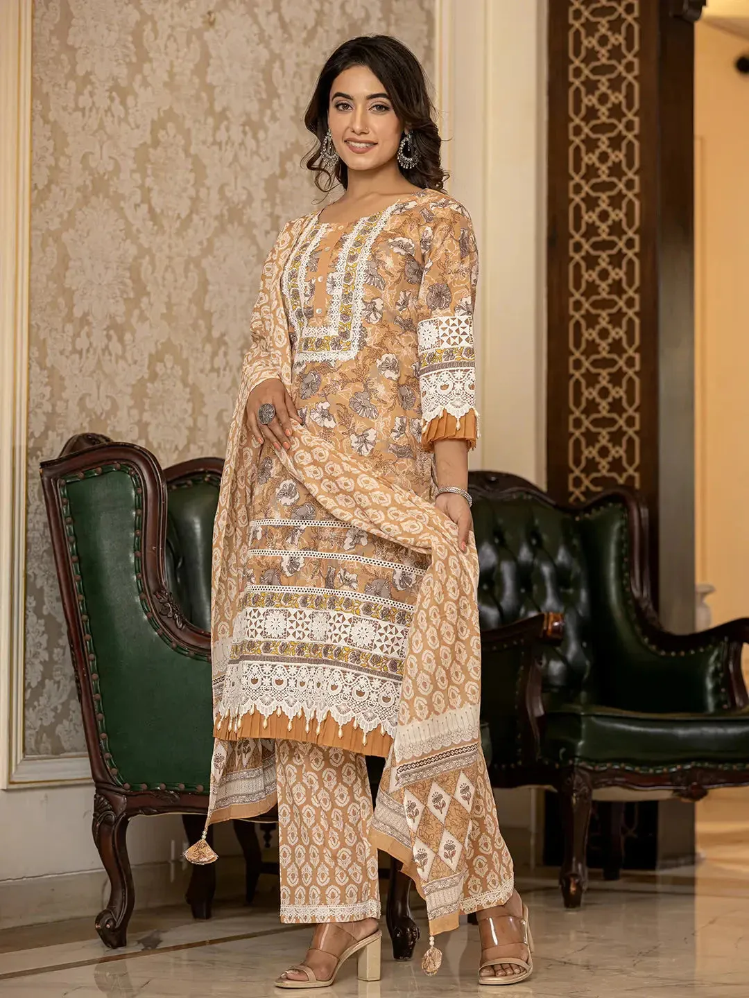 Mustard Floral Print Straight Pakistani Style Kurta Trouser And Dupatta Set