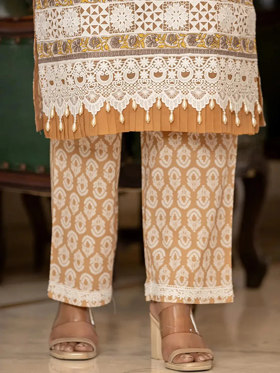 Mustard Floral Print Straight Pakistani Style Kurta Trouser And Dupatta Set