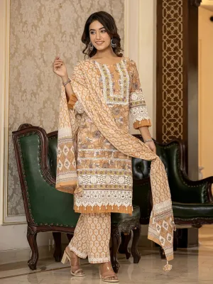 Mustard Floral Print Straight Pakistani Style Kurta Trouser And Dupatta Set