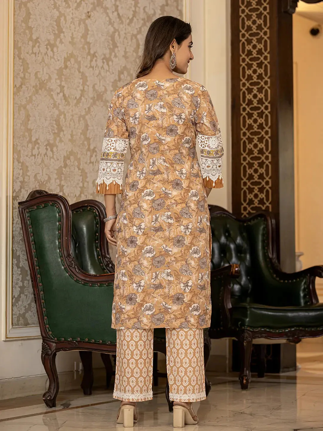 Mustard Floral Print Straight Pakistani Style Kurta Trouser And Dupatta Set