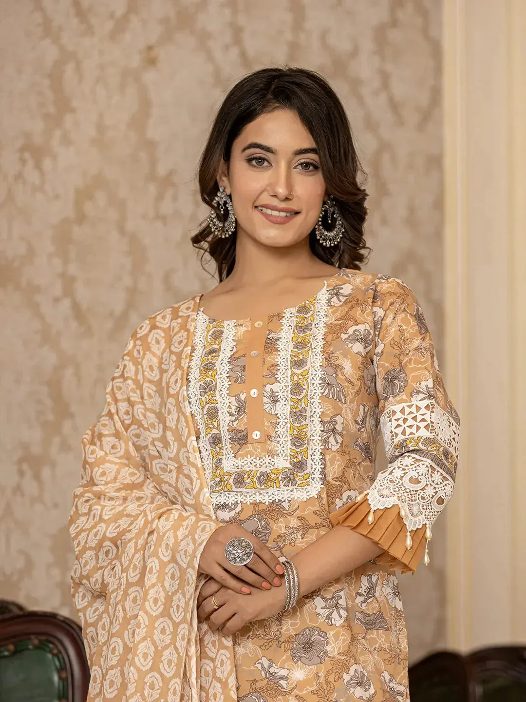 Mustard Floral Print Straight Pakistani Style Kurta Trouser And Dupatta Set