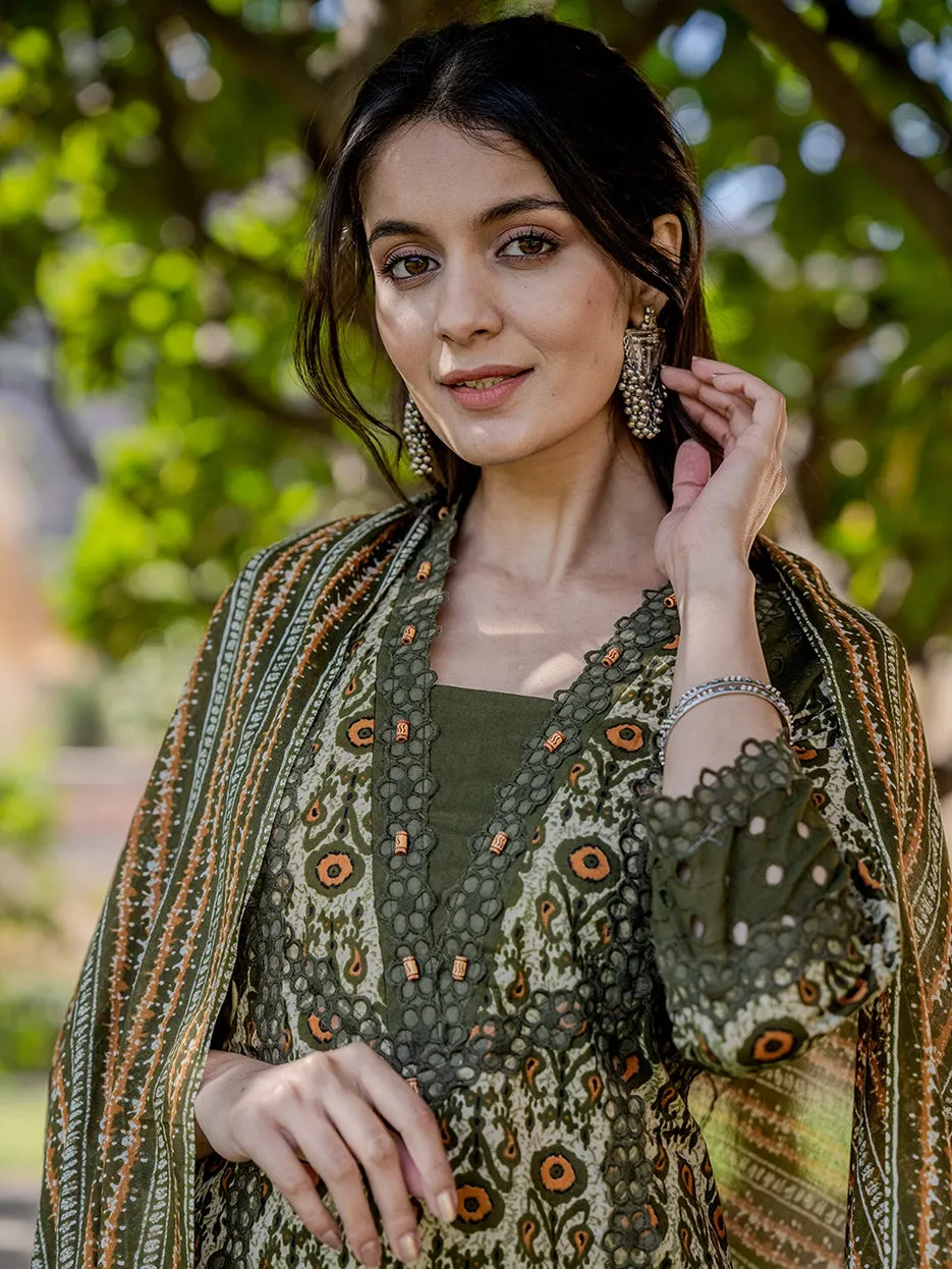 Olive Green  Printed Kurta Dupatta Set