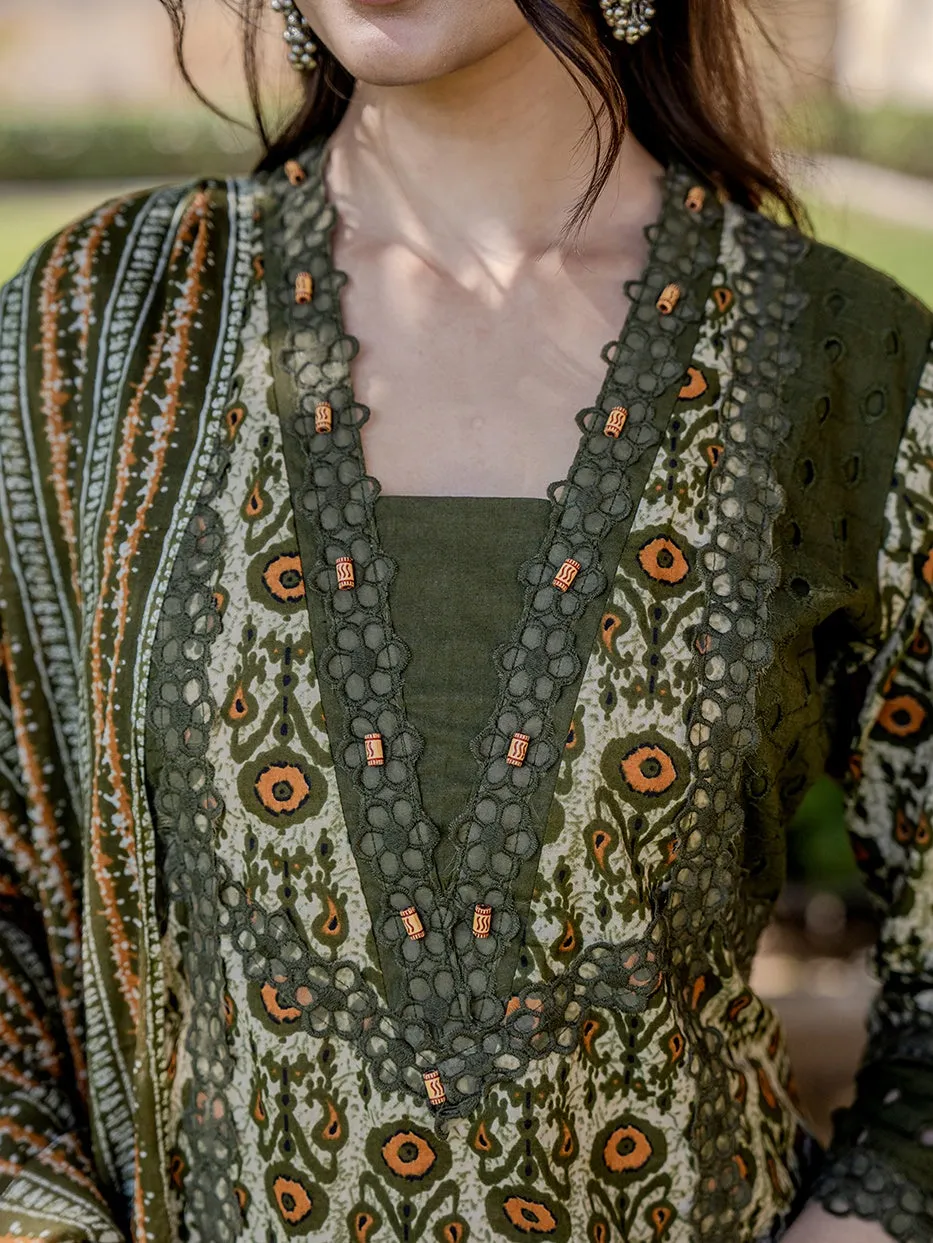 Olive Green  Printed Kurta Dupatta Set