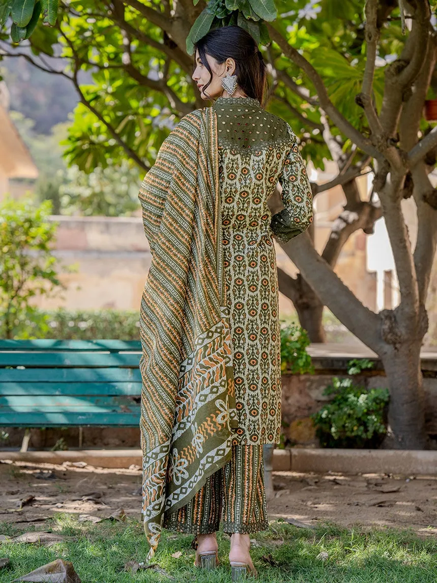 Olive Green  Printed Kurta Dupatta Set