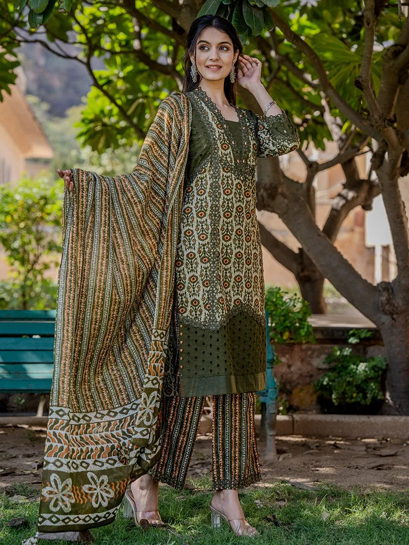 Olive Green  Printed Kurta Dupatta Set