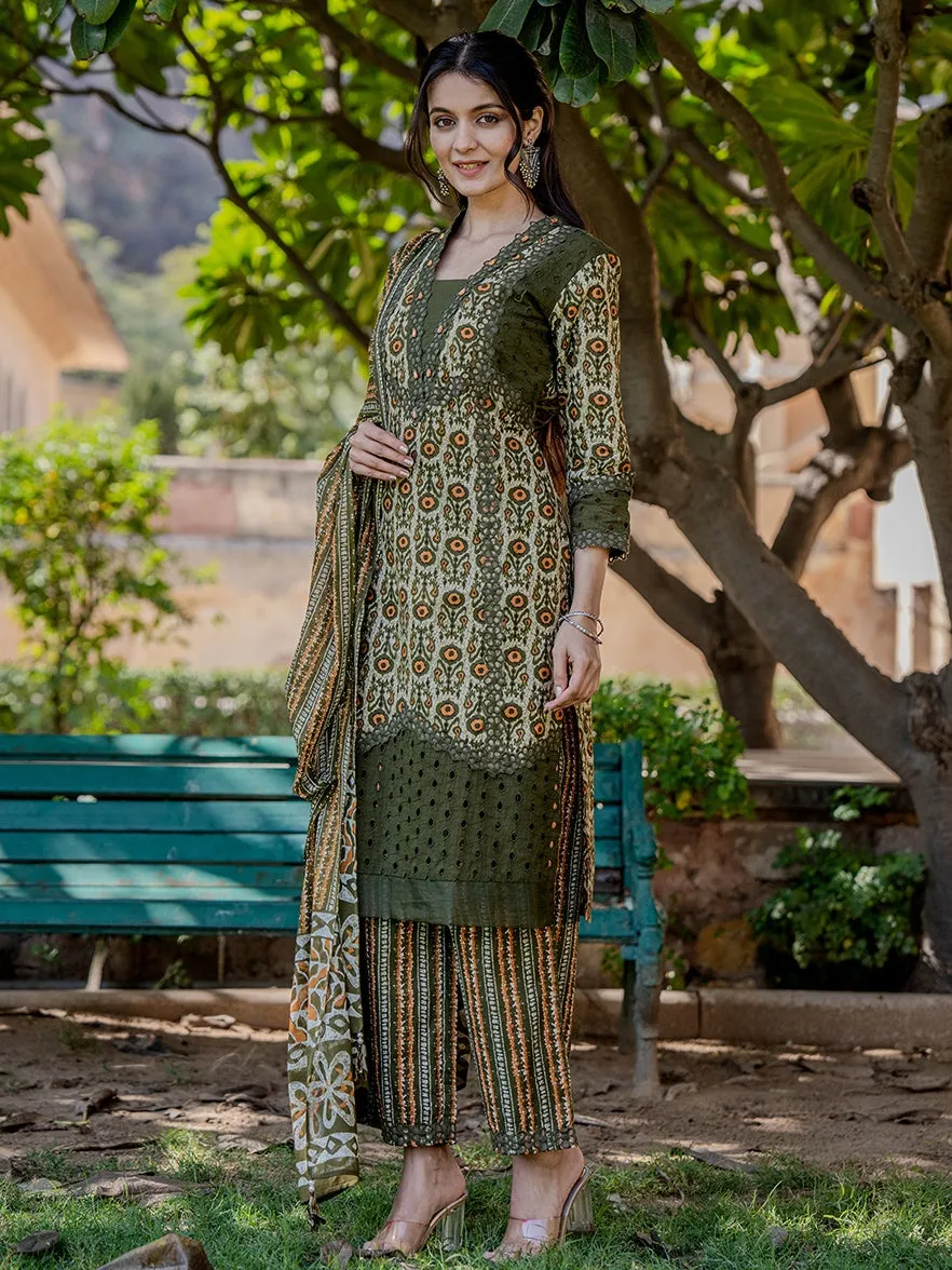 Olive Green  Printed Kurta Dupatta Set
