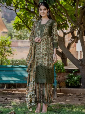 Olive Green  Printed Kurta Dupatta Set