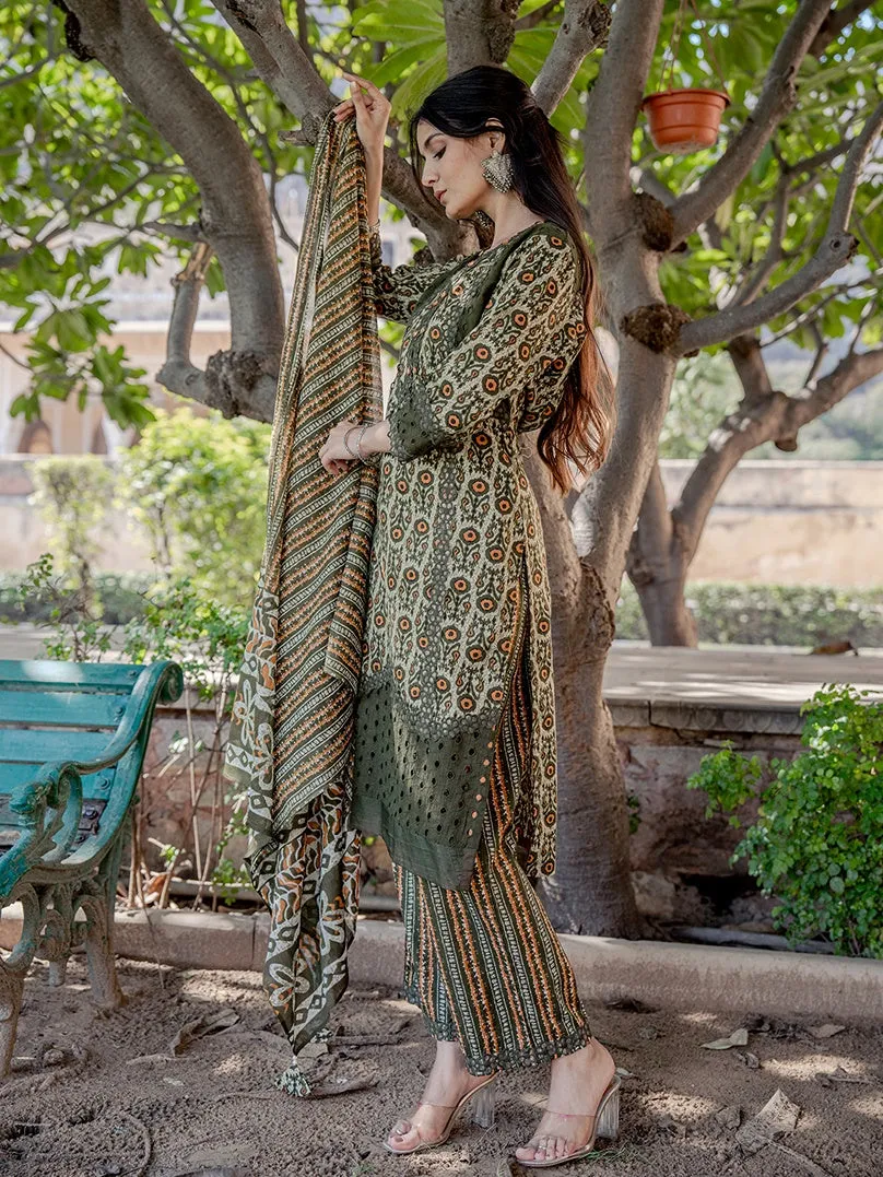 Olive Green  Printed Kurta Dupatta Set