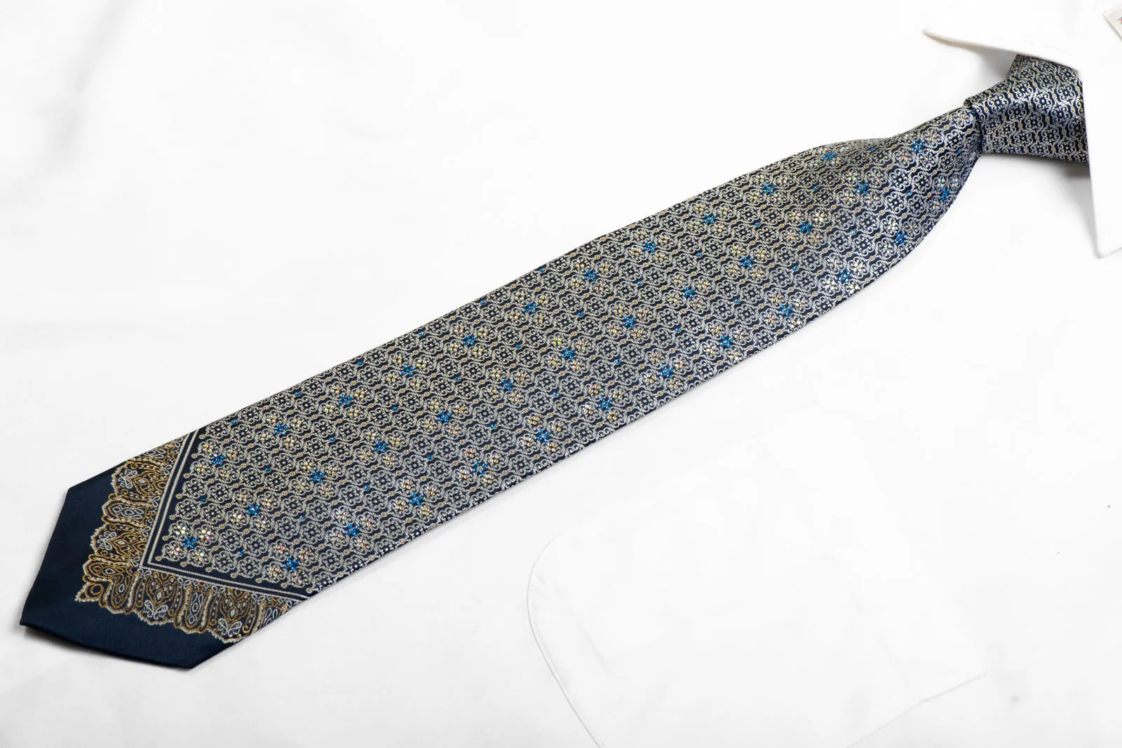 Park Land Silk Necktie Silver Cartouche On Navy With Rhinestones