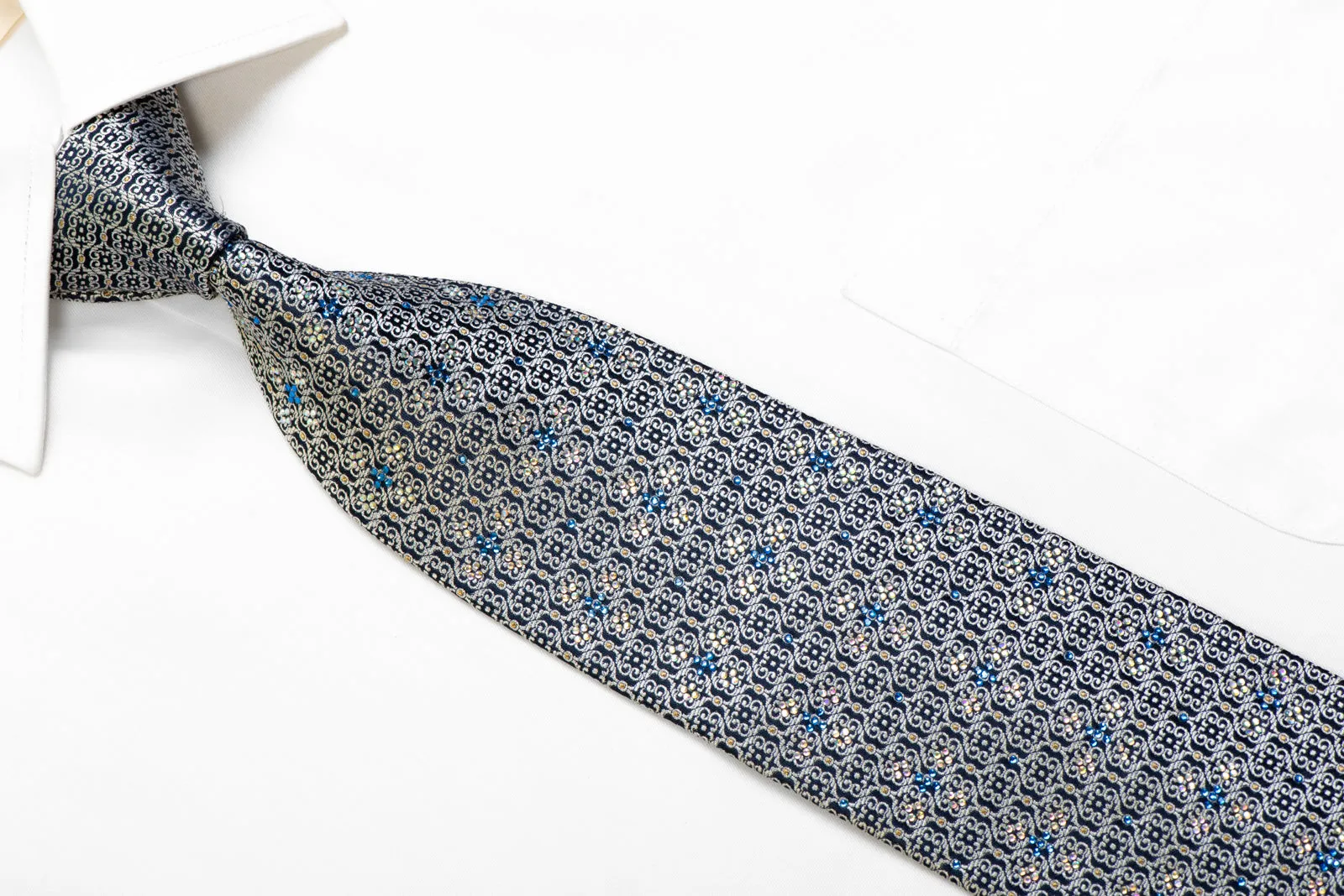 Park Land Silk Necktie Silver Cartouche On Navy With Rhinestones