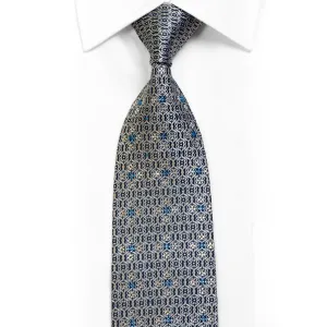 Park Land Silk Necktie Silver Cartouche On Navy With Rhinestones