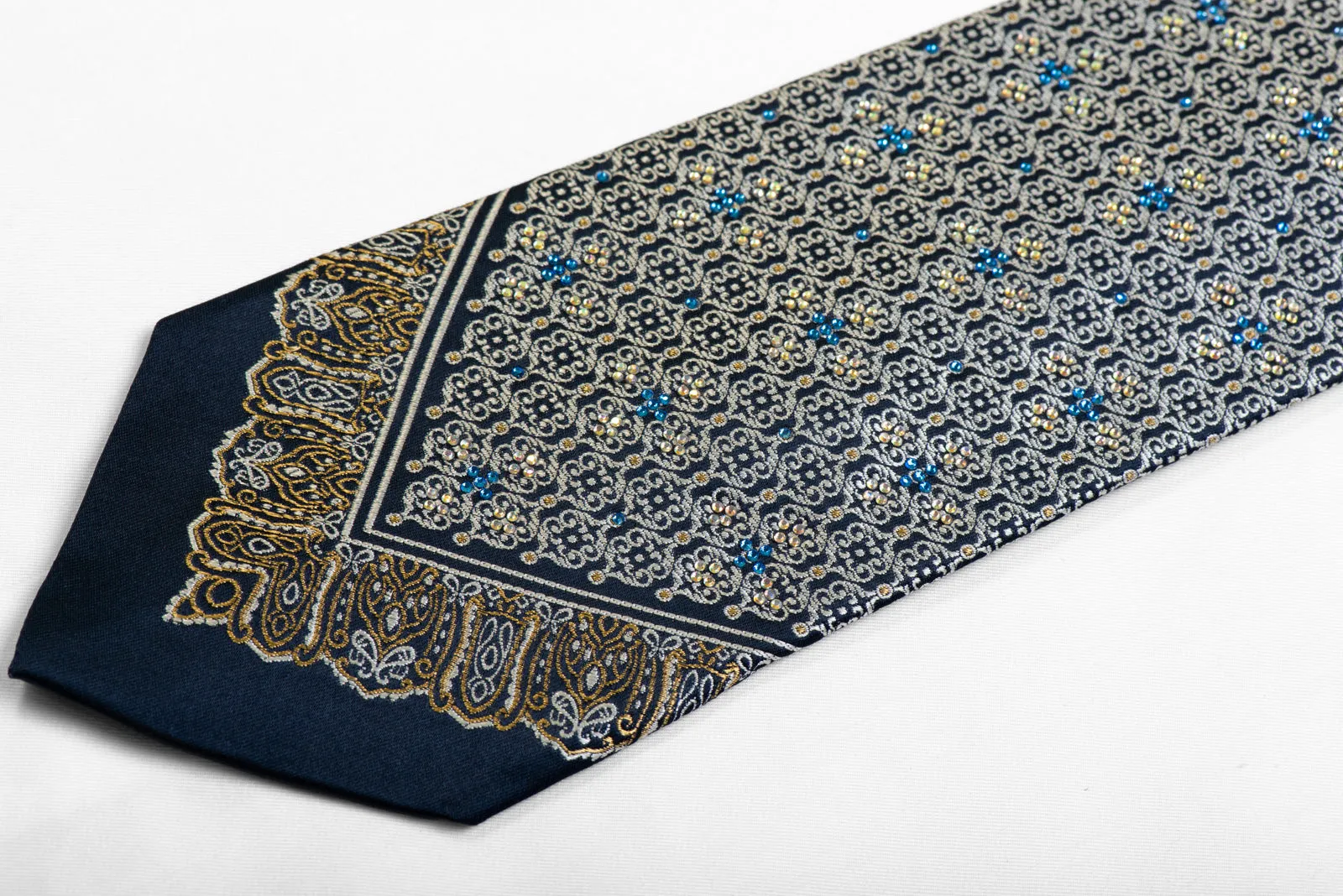 Park Land Silk Necktie Silver Cartouche On Navy With Rhinestones