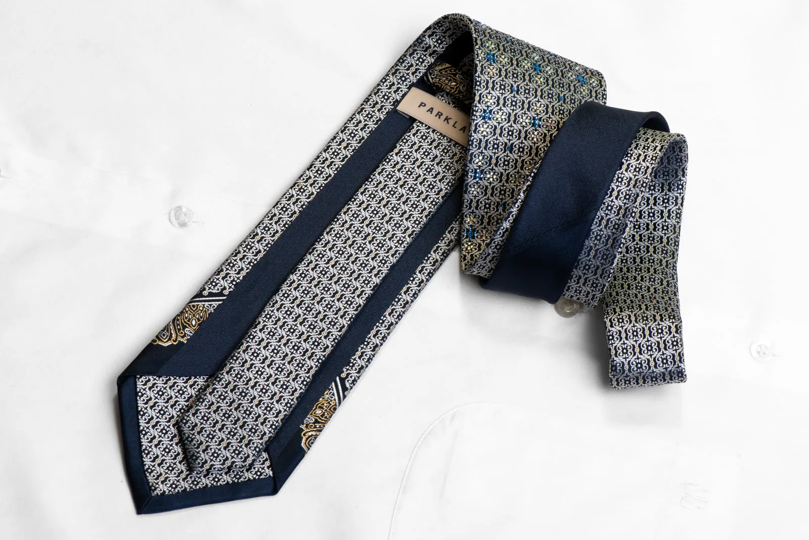 Park Land Silk Necktie Silver Cartouche On Navy With Rhinestones