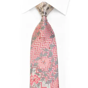 Perry Ellis Rhinestone Necktie Pink Chevron Floral On Silver With Sparkles
