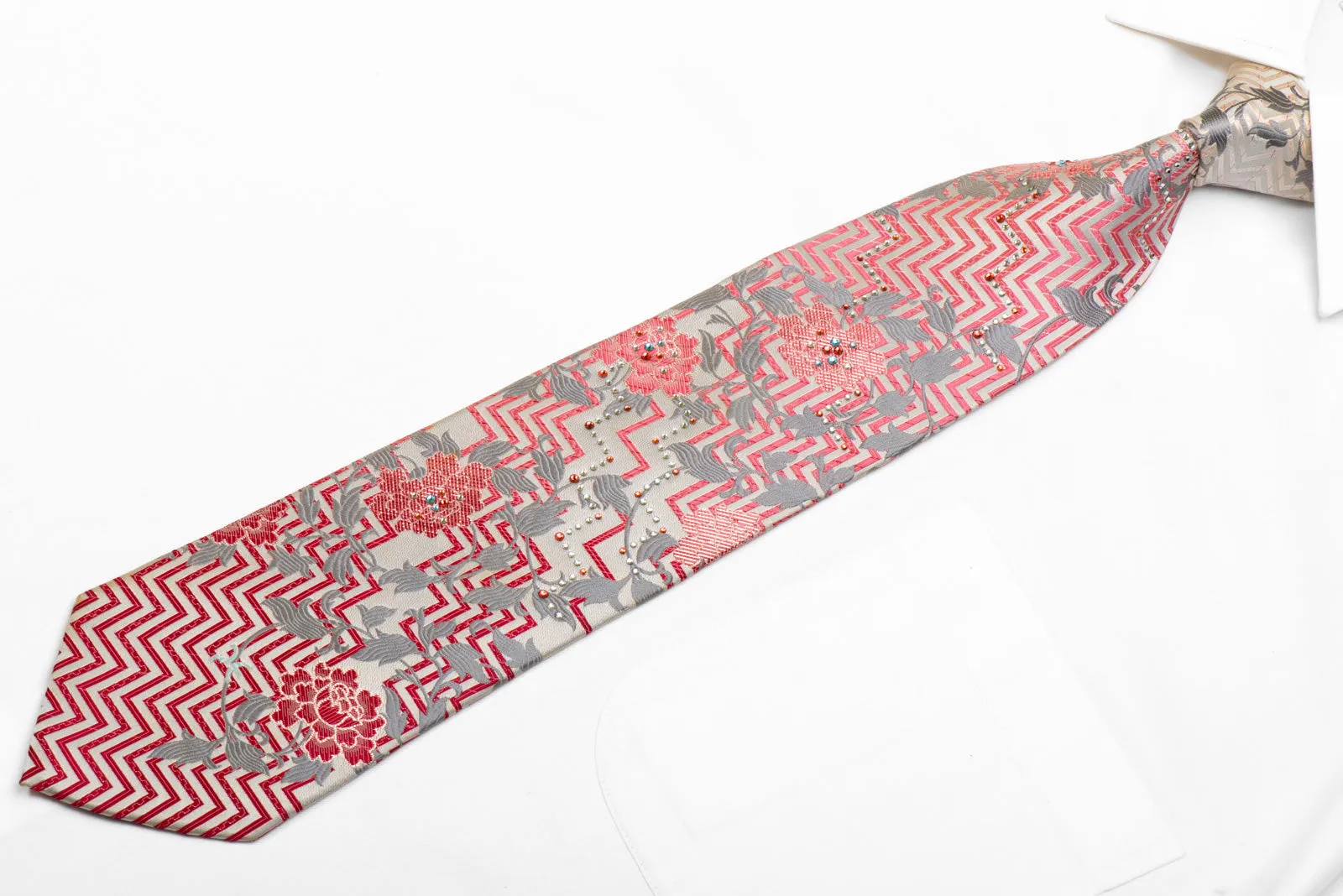 Perry Ellis Rhinestone Necktie Pink Chevron Floral On Silver With Sparkles
