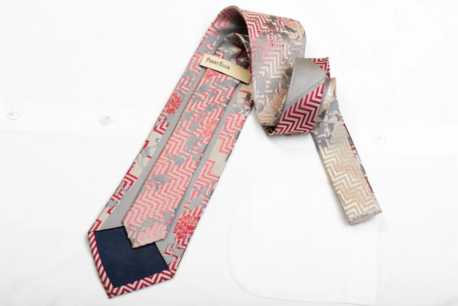 Perry Ellis Rhinestone Necktie Pink Chevron Floral On Silver With Sparkles
