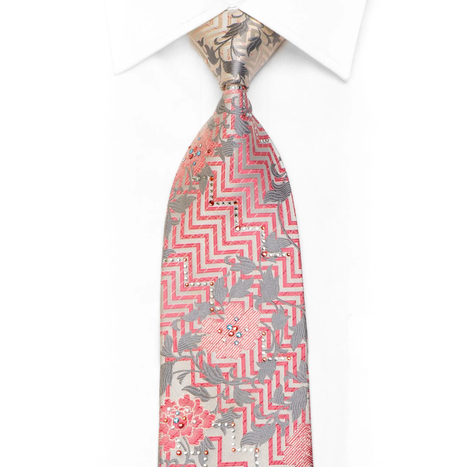 Perry Ellis Rhinestone Necktie Pink Chevron Floral On Silver With Sparkles