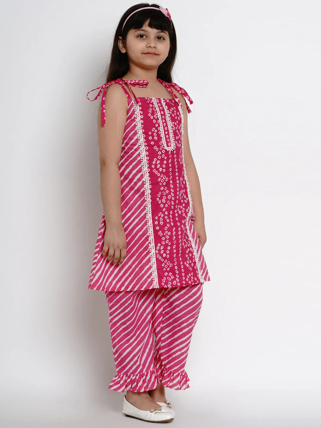 Pink Bandhej Kurta With Palazzos