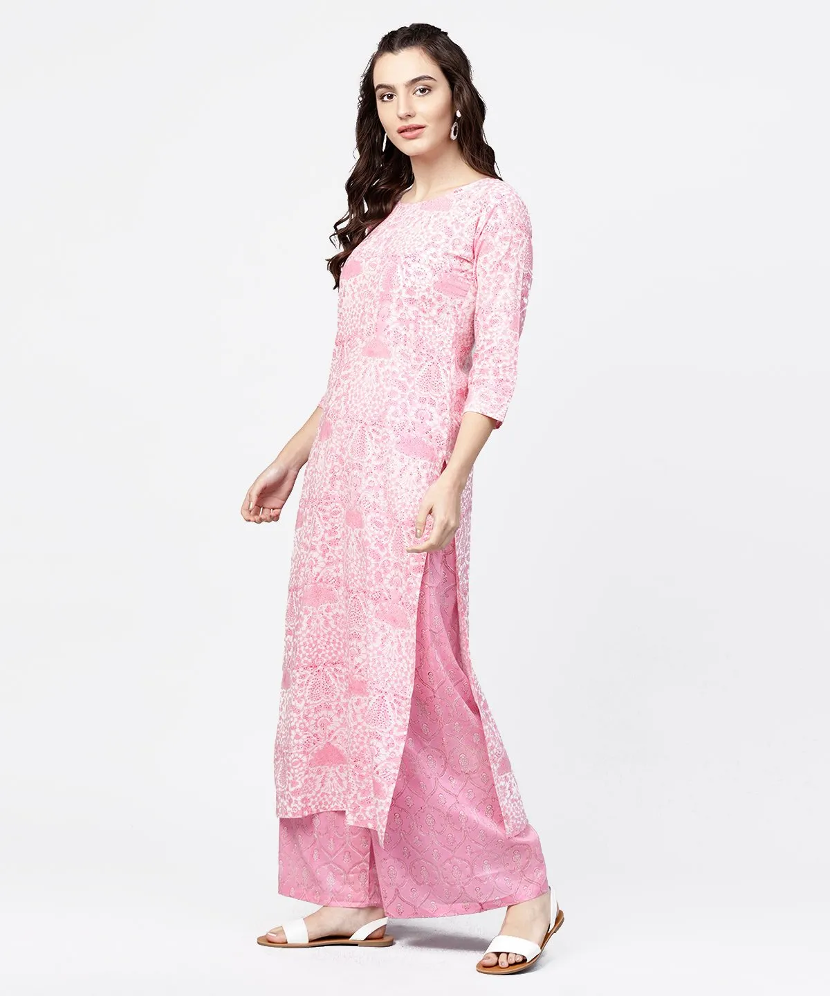 Pink Printed 3/4Th Sleeve Straight Kurta With Printed Palazzo Set