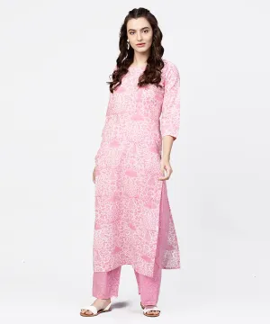 Pink Printed 3/4Th Sleeve Straight Kurta With Printed Palazzo Set