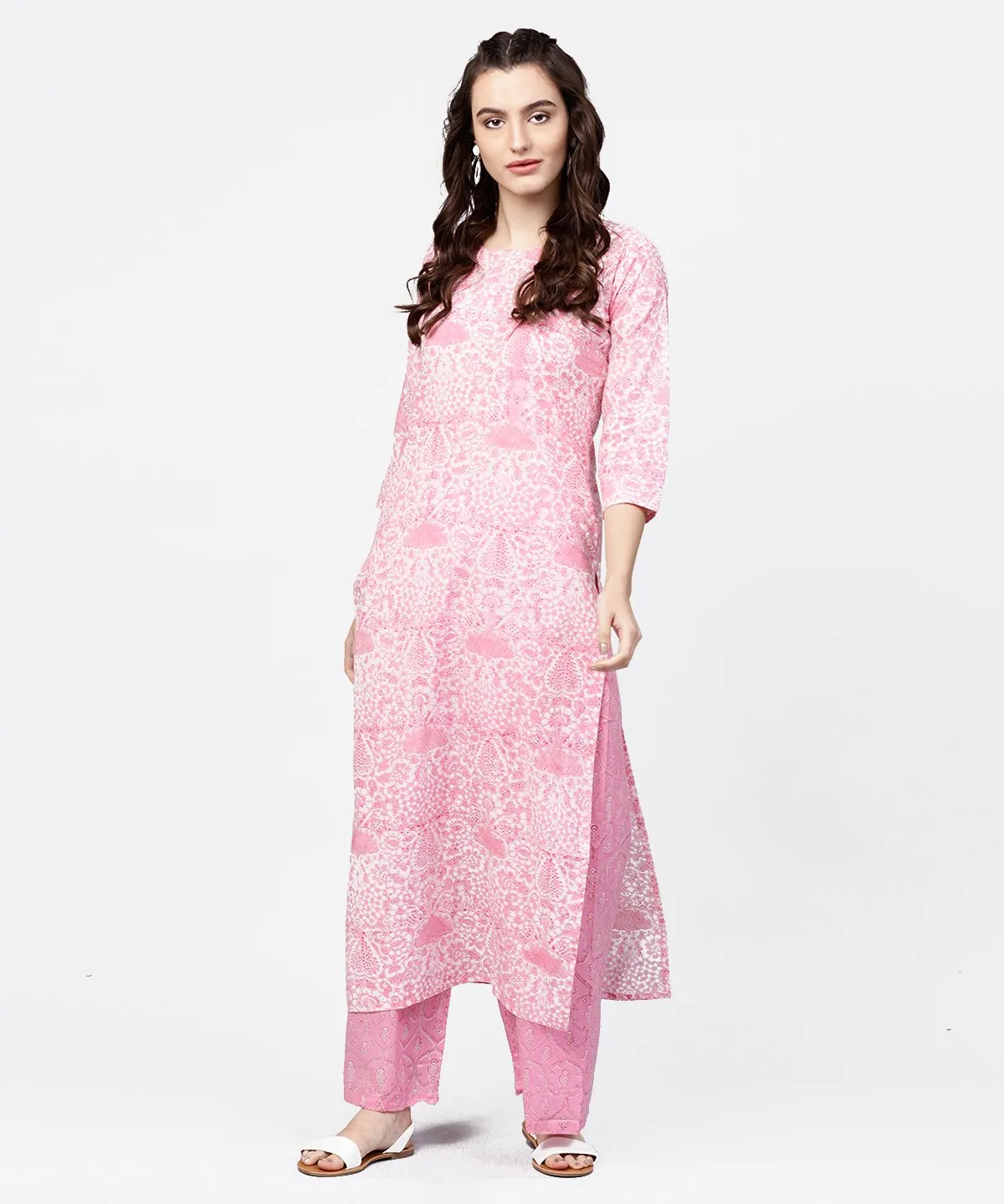 Pink Printed 3/4Th Sleeve Straight Kurta With Printed Palazzo Set